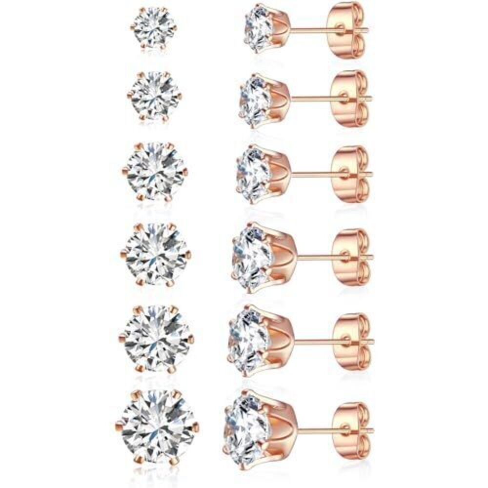 1540 6 Pairs Cubic Zirconia Stud Earrings / - Round Cut 6 Prong Settings